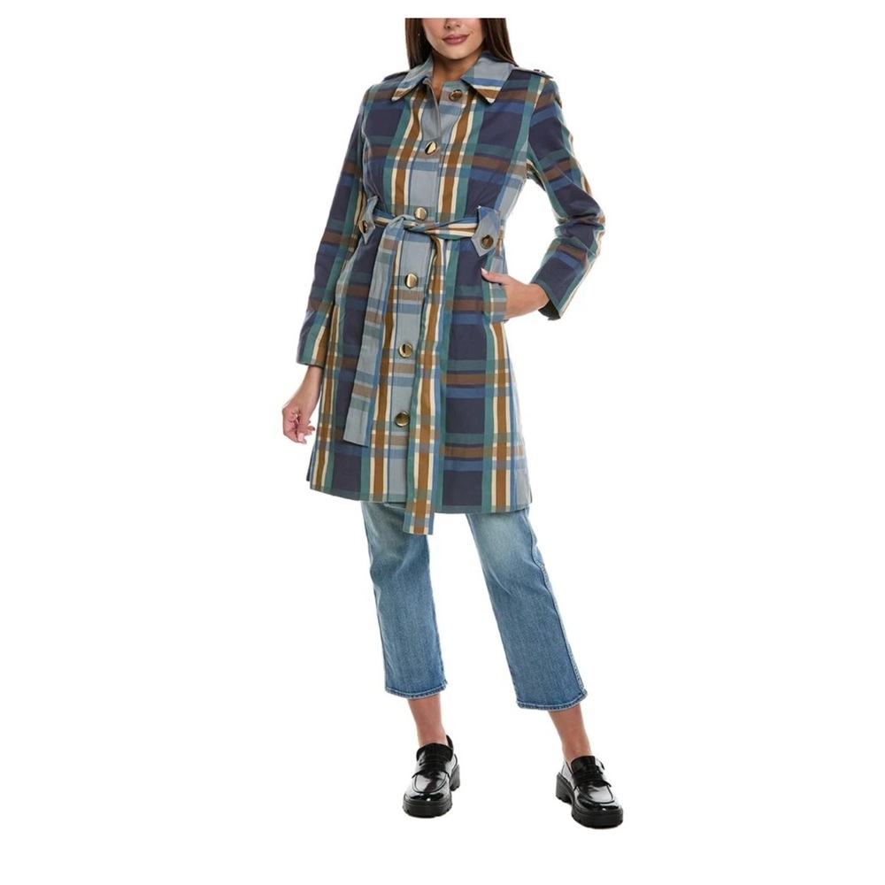 CAbi Blue and Brown Plaid Highclere Trench Coat Jacket Medium NWT